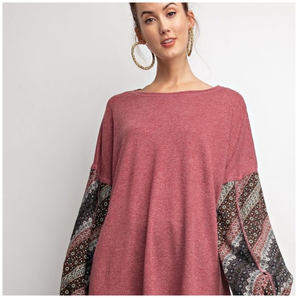 ❄️CRANBERRY CONTRAST SLEEVES BOHO TOP - Picture 2 of 6